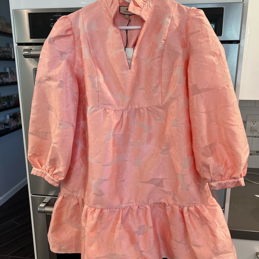Girls' Pink Textured Puff-Sleeve Dress